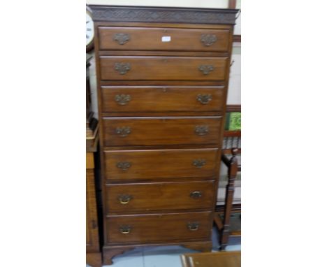 Mahogany Tallboy Chest of 7 Drawers, Chippendale style fretwork to the pediment, on bracket feet, 30”w x 66”h