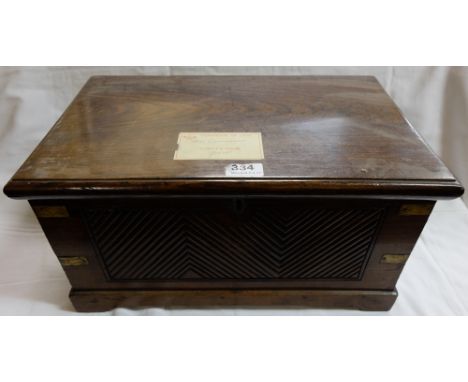 Rosewood 19thC Document Box, rectangular shaped, in the form of a miniature chest, brass bound corners, on bracket feet, ribb