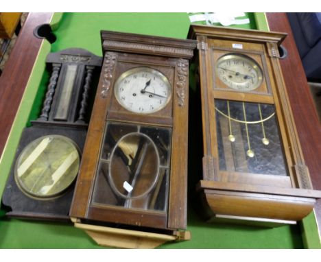 2 rectangular wall clocks in rectangular mahogany cases & oak cased barometer (not working) (3)