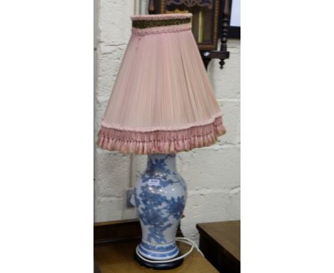 Large blue and white table lamp and shade, 90cms high