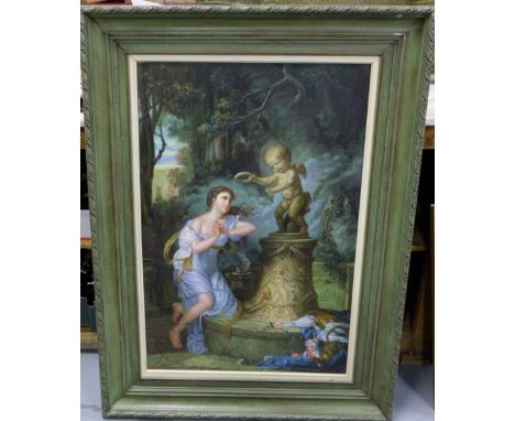 Large Oil on Canvas, classic lady in a blue cloak, greet a cherub, signed E Anthony, large moulded green frame, 40”w x 68”h a