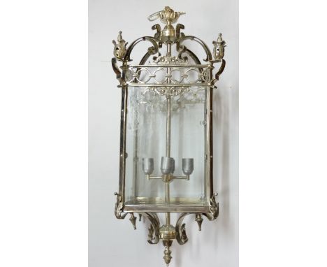 Regency Style Silver Finish Hall Lantern, with 4 internal electric branches, 34” tall, 14” wide (option of a 2nd similar lant