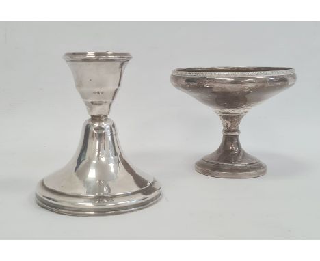 A mid 20th century silver mounted circular pedestal bowl, Birmingham marks worn, 11cm in diamter x 9.5cm high and a silver mo