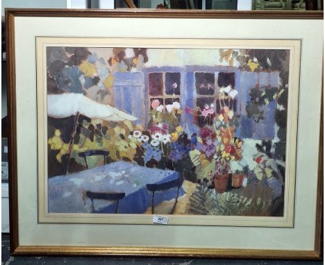 Two colour prints Cottage garden scene in summer and little girl with geese (2) 