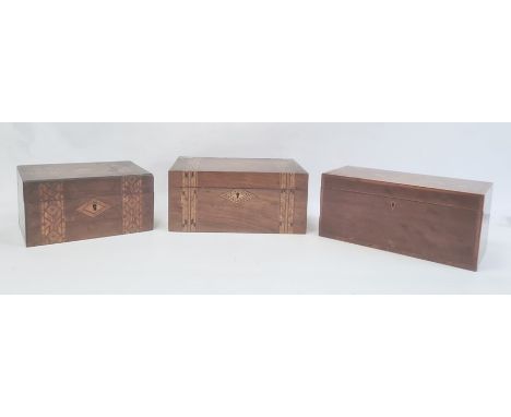 19th century mahogany and shell inlaid rectangular tea caddy and two parquetry inlaid work boxes (3) 