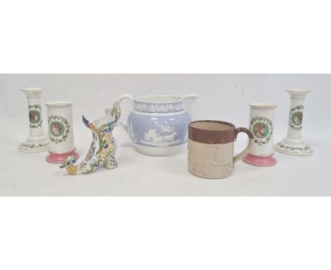 19th century relief moulded pottery jug with classical motif on a lilac ground, 15.5cm high, pair cylindrical spill vases wit