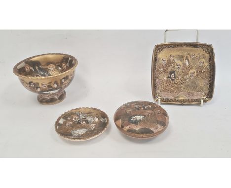 Japanese Satsuma earthenware stem bowl with everted rim and 'Thousand Faces' decoration on a gold ground, marked to base, 13c
