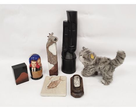 Cubist model of a cow by Farmyard Fun, carved Easter Island-style model painted black, lacquered card box, bone inlaid Chines