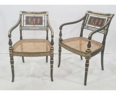 Set of six Regency-style ebonised dining open arm chairs, each with a panel decorated with classical figures and with gilt de