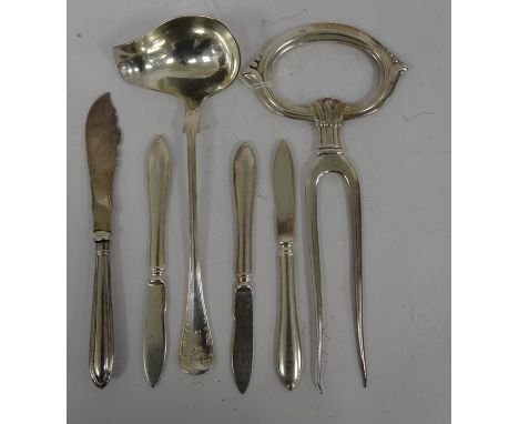 Swedish C G Hallberg ALP silver plate meat fork, two-pronged, Swedish sauce ladle, butter knife and 3 fruit knives