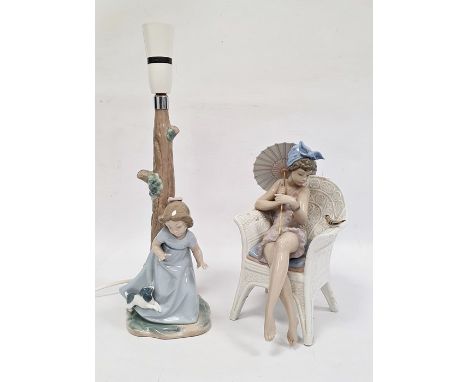 Lladro porcelain table lamp in the form of girl and puppy beside tree trunk, 12cm high and Lladro porcelain figure of seated 