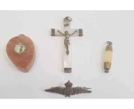 Sterling RAF pin, boxed, agate compass set pendant, mother-of-pearl and metal crucifix and another item