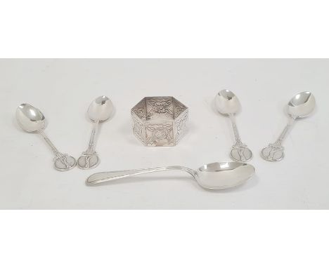 Victorian silver napkin ring of hexagonal form, engraved with flowers, London 1884, set of four silver teaspoons with golfing