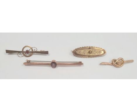 Gold-coloured metal and amethyst bar brooch and three various gold-coloured bar brooches (4) 