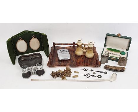 Assorted items to include clay pipe, opera glasses, lighters and a small bag of engraved brass pocket watch plates 