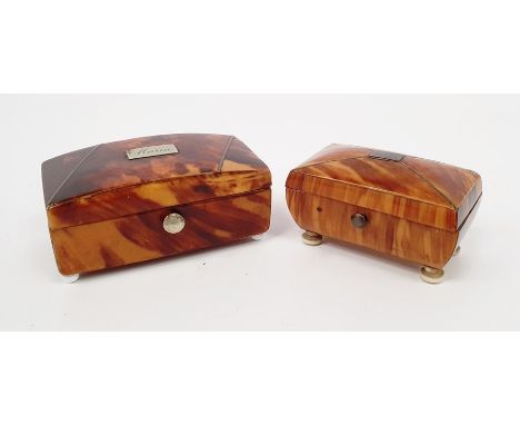 Two early 19th century miniature tortoiseshell caddy-shaped cachou boxes, both with silver wire inlay, one with mount inscrib