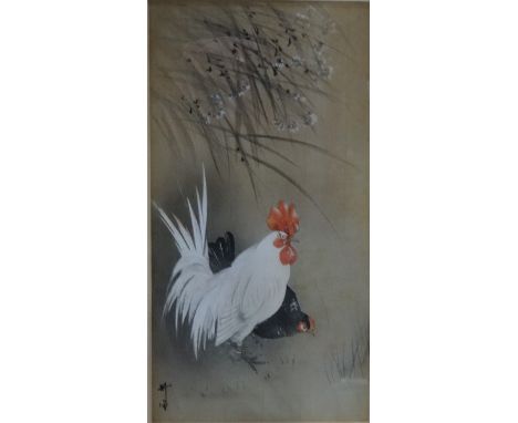 Chinese schoolWatercolours Pair of geese with inscription and seal mark, 32cm x 17cm Cockerel and hen, with signature, 32cm x