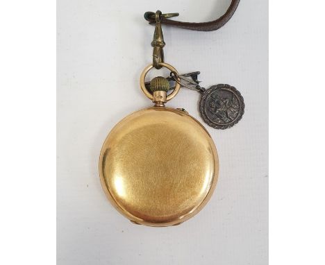 18ct gold hunter pocket watch, the white enamel dial with Roman numerals and subsidiary seconds dial, the back opening to rev