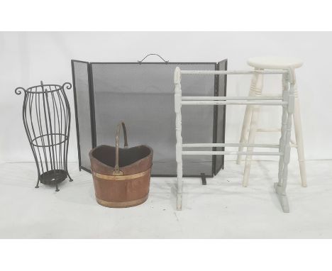 Painted stool, wooden bucket with copper swing handle and copper bands, modern umbrella stand, painted pine towel rack and mo
