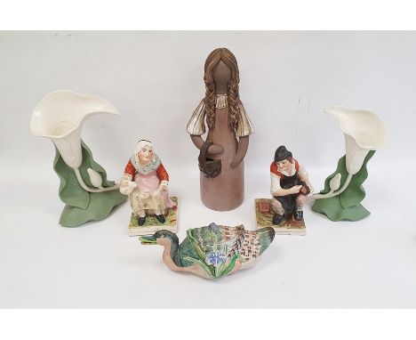 German porcelain stein with metal lid, Elbogen pottery figure of a girl, pair of tinted bisque Lily of the Valley pattern vas