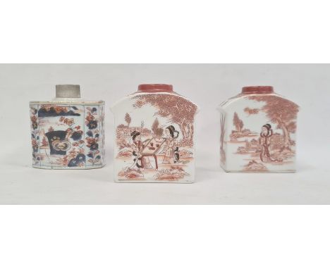 Porcelain tea caddy with floral decoration in Imari colours, 11cm high and a pair of porcelain tea caddies&nbsp;(3)