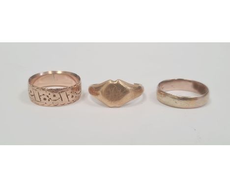 Wedding band, 2.3g (no visible marks, valued as 9ct), a gold signet ring (worn) and a 9ct gold engraved wedding band, 4.8g ap