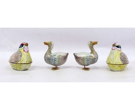 Pair of enamel pots&nbsp;in the form of song birds&nbsp;and pair of cloisonne&nbsp;ducks&nbsp;(4)&nbsp;Condition Reportsize i