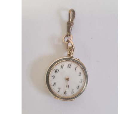 Lady's 18ct gold, enamel and diamond fob watch, the face with guilloche enamel borders and lavender-coloured back inset with 