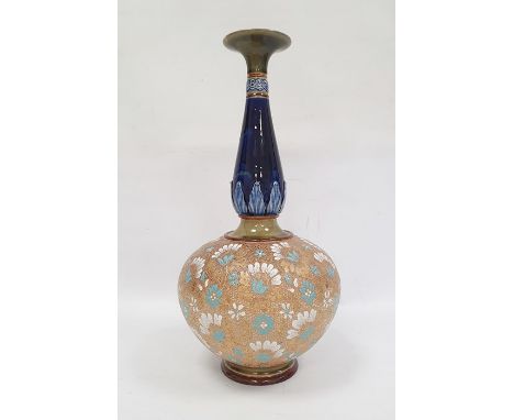 19th century Doulton Slaters stoneware vase with typical decoration, the body having blue and white enamel flowers on a snake