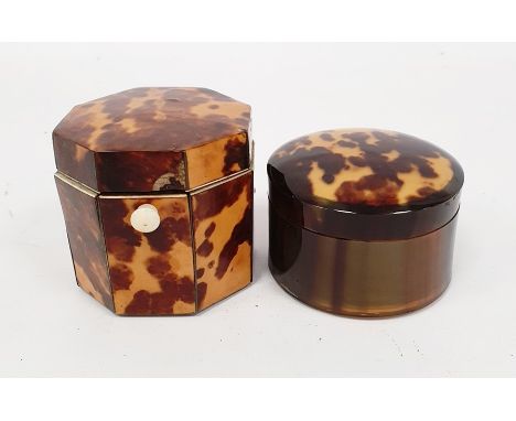 A George III tortoiseshell bachelor's tea caddy, octagonal form, bone handle, 6cm high x 6.2cm wide and a tortoiseshell circu