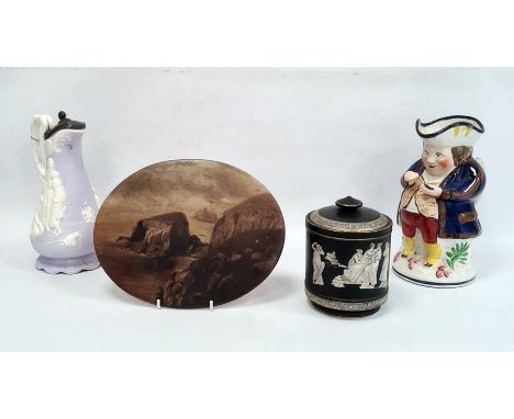 Enamel and lustre glazed 19th century pottery toby jug, 26cm high, Long Park, Torquay, painted terracotta plaque, oval with c