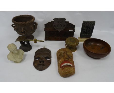 Assorted items including pipe rack, reproduction Sumerian type tablet, masks, treen etc