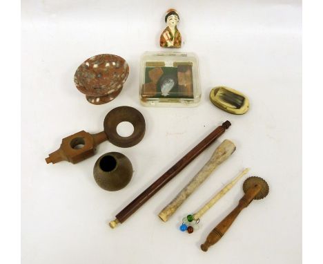 Two trays of assorted items to include large pipe, items relating to SS Great Britain, pastry cutter, etc 