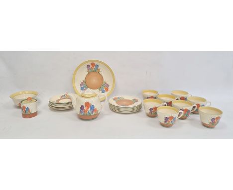 Clarice Cliff pottery part tea service 'Autumn Crocus' pattern, 26 pieces viz:- teapot, sugar bowl, lidded jam pot, eight cup