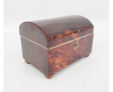 A 19th century tortoiseshell tea caddy, domed lid, ivory rim and handles, silvered escutcheon, on bun feet, 10.4cm high x 14.