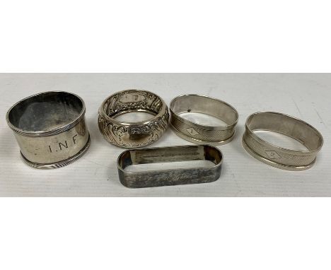 Pair 1930s silver napkin rings, oval, numbered 1 &amp; 2, 0.6toz approx., a silver napkin ring engraved 'Stephen', 0.5toz app