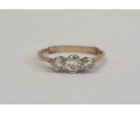 9ct gold three-stone diamond ring, the central stone 4mm diameter approx, flanked by 2mm stones, 1.7g total (ring size M appr