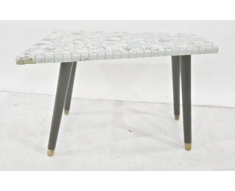 Mid 20th century tile pebble top shaped coffee table on four ebonised supports, to brass caps, 61cm x 41cm