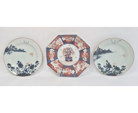 Pair Chinese porcelain plates&nbsp;painted in blue with chrysanthemums and lakeside buildings, enamel butterflies, 23cm diame