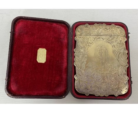 A Victorian silver card case, engraved decoration of scrolls surrounding putti, waterfall and pheasant, initialled 'JMC to JL