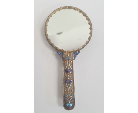 Chinese gilt metal hand mirror, the handle and mirror back each decorated with blue enamel cloisonne scrolling details, the m