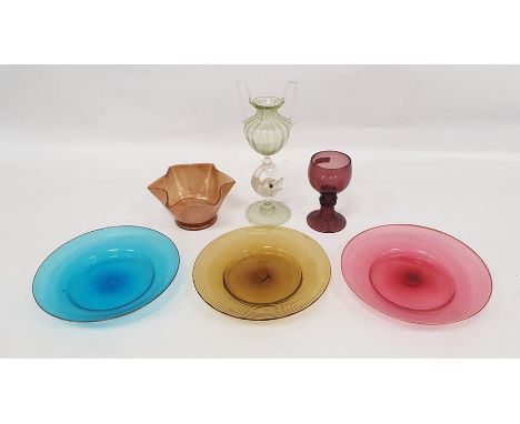 Facon de Venise dolphin stemmed glass vase, Venetian coloured plates, bowl and amethyst-coloured hock 