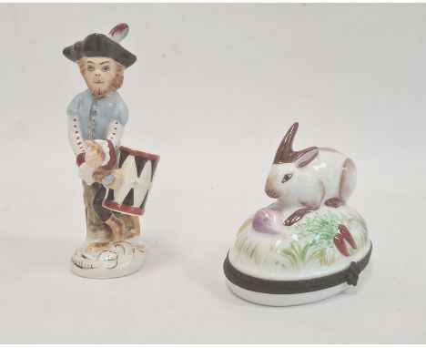 Limoges porcelain cachou box in the form of a rabbit with vegetable, 8cm high and continental porcelain figure of monkey drum
