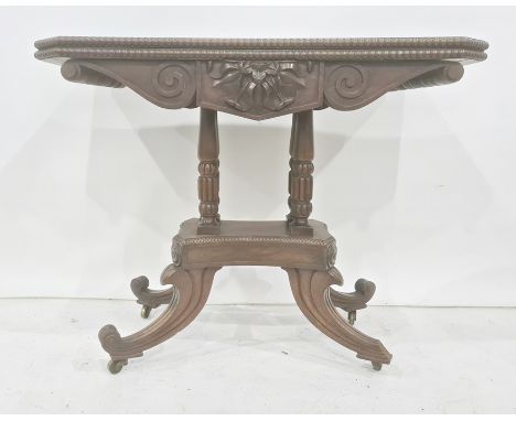 19th century mahogany card table, the rectangular top with canted corners, applied bead moulding, opening to reveal plum baiz
