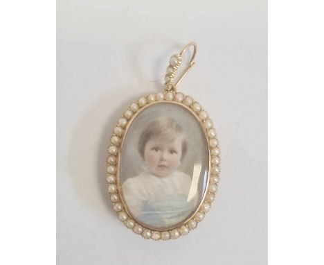 15ct gold and seedpearl pendant locket/brooch, oval and enclosing a head and shoulders portrait of a child, surround of seedp