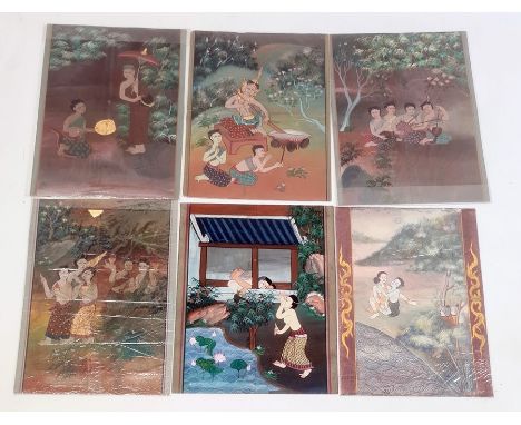 Set of six Thai bodycolour erotic drawings with various figures in interiors and gardens, unframed, 29cm x 21cm and smaller, 