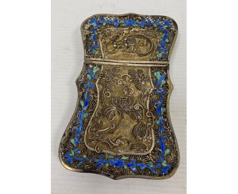 A 19th century Chinese silver coloured metal and enamel card case, the filigree case decorated with relief of dragons and flo