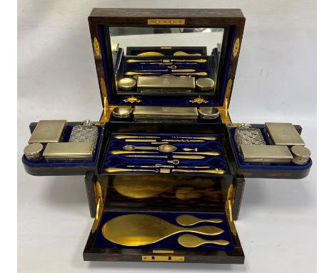 A Victorian coromandel and brass bound dressing case, by&nbsp;George Betjemann and Sons, Bedford 67 Regent StW,&nbsp; the hin