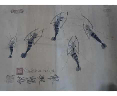 Three Chinese watercolours of crayfish, in monochrome inks, with inscription and character seal marks, each 54cm x 77cm (unfr