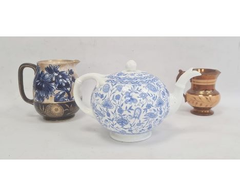 Royal Crown Derby porcelain teapot with underglaze blue scrolling floral transfer-printed decoration to the spherical body, s
